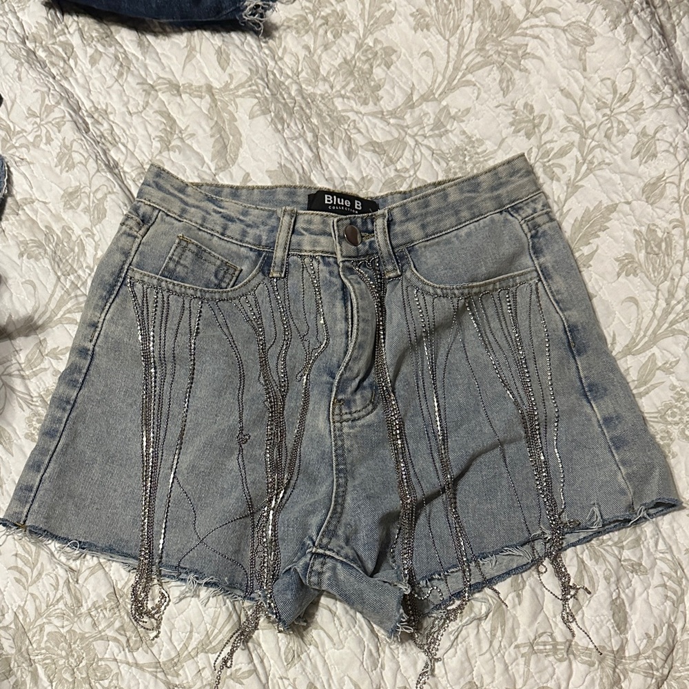 Blue B Women's Distressed Denim Shorts with Silver Chains